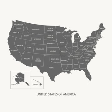 USA MAP WITH NAME OF COUNTRIES,UNITED STATES OF AMERICA MAP, US MAP flat grey color illustration vector