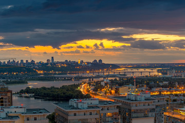 Fototapeta na wymiar Twilight panoramic cityscape. Aerial view from eastern Kiev. Ukraine.