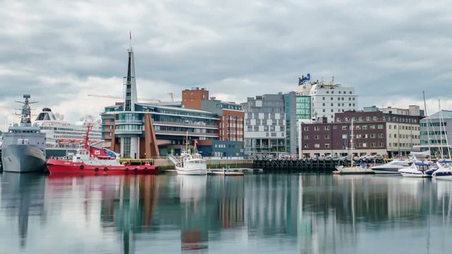 View of a marina in Tromso, North Norway timelapse. Tromso is considered the northernmost city in the world with a population above 50,000.