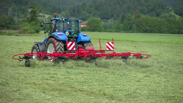 Straws are flying everywhere around when a young farmer on a blue tractor is preparing hay with rotary hay rakes. The rakes are moving incredibly fast.

