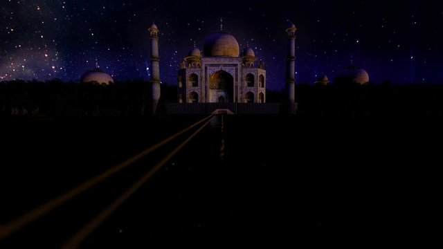 Taj Mahal at night, starry sky timelapse, seamless loop