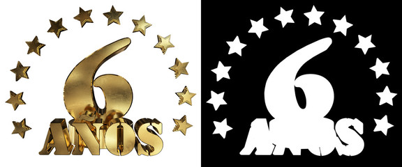 Golden digit six and the word of the year, decorated with stars. Translated from the Spanish. 3D illustration