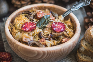 Traditional Sour Cabbage Soup with Sausage and Mushrooms