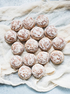 Overhead view of fresh scones on muslin