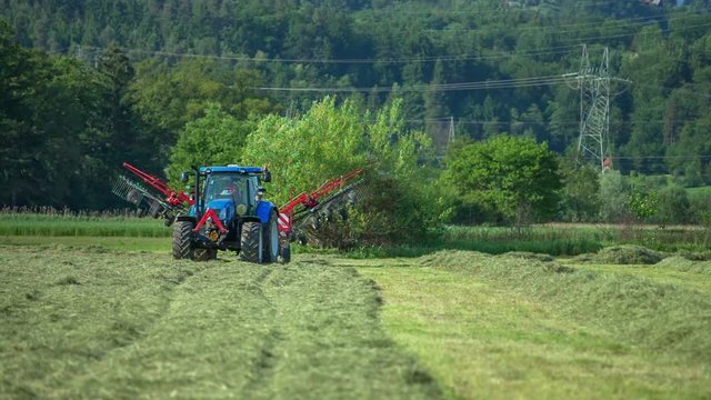 A blue tractor has finished working and raking hay and now, he is reversing and driving away from the fields. It is a hot summer day.
