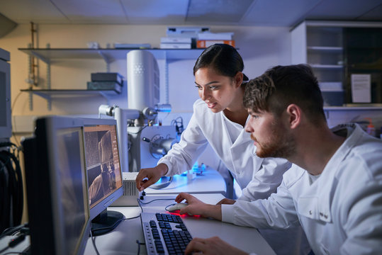 Scientists in laboratory using computer