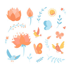 Doodle cartoon vector elements with birds, flowers, lotus and floral 