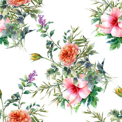 Watercolor painting of leaf and flowers, seamless pattern on white background