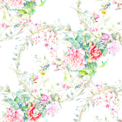 Watercolor painting of leaf and flowers, seamless pattern on white background
