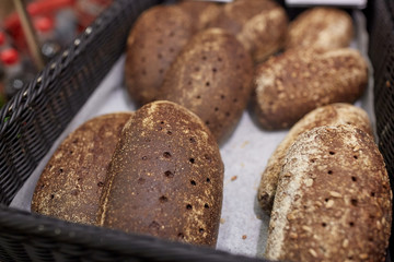 close up of rye bread at bakery or grocery store