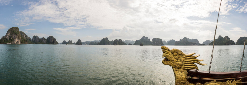 Dragon boat in waters of Ha Long Bay, Vietnam