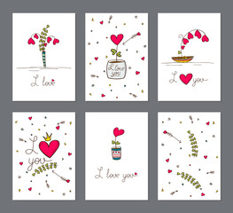 Set of cards with heart flower in pot. Love card. Illustration vector