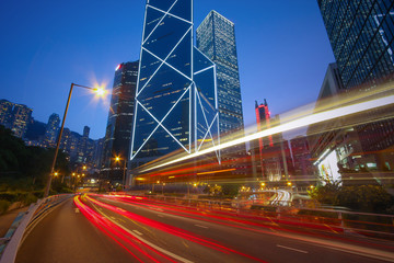 Fototapeta na wymiar Traffic Car light trails on Cityscape, business buildings, Hong
