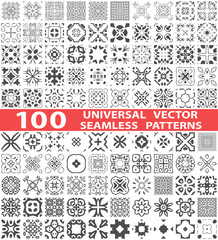 100 Universal different vector seamless patterns (tiling). Endless texture can be used for wallpaper, pattern fills, web page background,surface textures. Set of monochrome ornaments