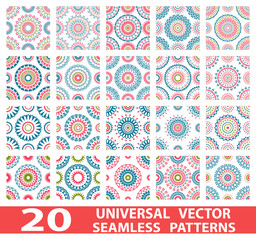 20 universal different vector seamless patterns (tiling). Endless texture can be used for wallpaper, pattern fills, web page background, surface textures. Set modern design ornaments