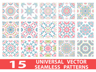15 universal different vector seamless patterns (tiling). Endless texture can be used for wallpaper, pattern fills, web page background, surface textures. Set modern design ornaments
