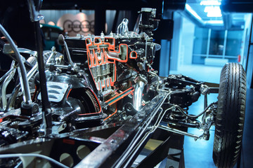 car engine mounted on a chassis