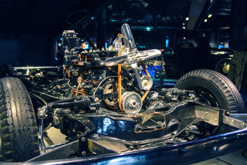 car engine mounted on a chassis