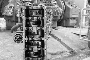 engine disassembled - black and white