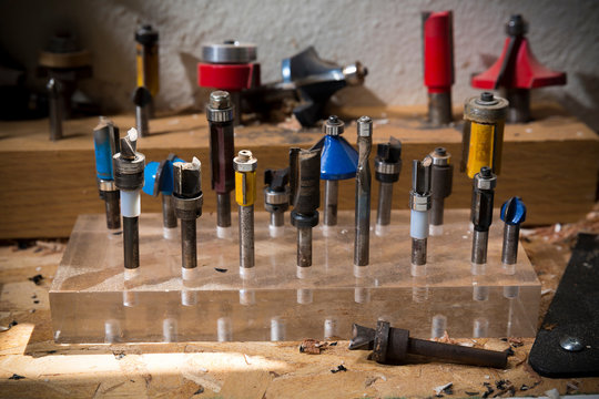 Drill bits in plastic block in workshop