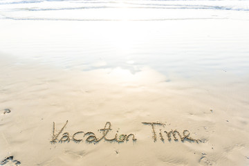 Vacation symbol on sea beach with wave in morning