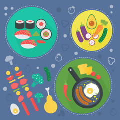 Modern cooking love flat concept. Kitchen tools, food dish and cooking infographics design, web elements, poster banners.
