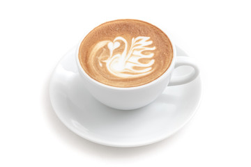 Coffee cup of latte art in a beautiful swan shape on white background isolated