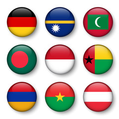 Set of world flags round badges ( Germany . Nauru . Maldives . Bangladesh . Indonesia . Guinea-Bissau . Armenia . Burkina Faso . Austria )