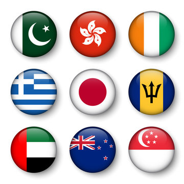 Set of world flags round badges ( Pakistan . Hong kong . Ivory Coast . Greece . Japan . Barbados . UAE . New zealand . Singapore )