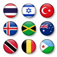 Set of world flags round badges ( Thailand . Israel . Turkey . Iceland . Jamaica . Australia . Trinidad and tobago . Belgium . Djibouti )