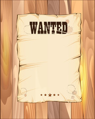wanted empty poster. paper on light coloured wooden fence. vecto