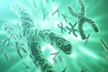 XY-chromosomes on background, medical symbol gene therapy or microbiology genetics research with with focus effect. 3d rendering