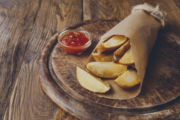 Fries and potato wedges wrapped takeaway at wood
