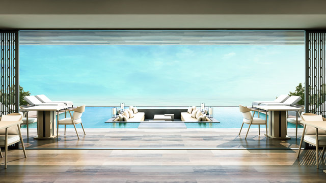 3D Rendering Beach Villa Dinning room sea view and swimming pool with daybed