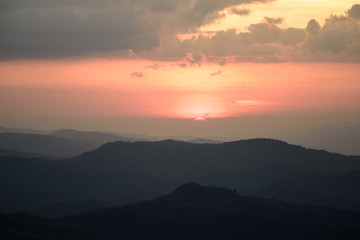 Mountain valley during sunrise. Natural summer landscape