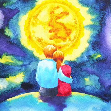 couple lovers watching full moon watercolor painting romantic