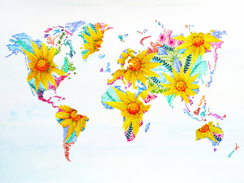 world map watercolor painting hand drawn flower floral artwork