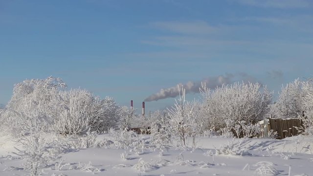 The smoke comes from the chimneys in winter, beautiful snow-covered land, frost on the branches

