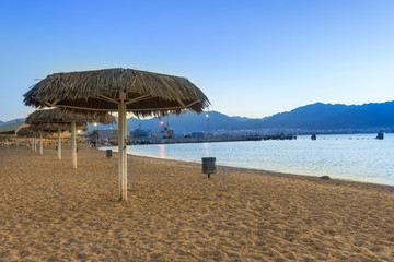 Panorama of boats at sunrise in Gulf of Aqaba
