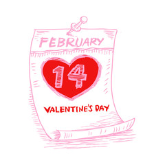 Valentines Day, February 14 on calendar. Sketchy style.