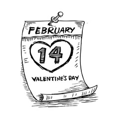 Valentines Day, February 14 on calendar. Sketchy style.