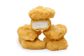 Fried chicken nuggets isolated on white background.