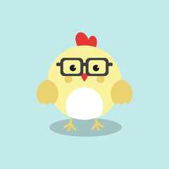 A Cute chicken/Rooster Geek, nerd character with funny nerd glasses isolated on sky blue background. Flat design vector illustration for greeting, invitation card.