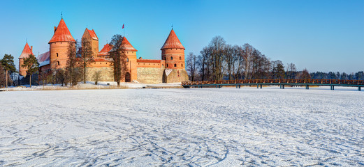 Trakai Island Castle Museum in the winter time. Trakai village, Lithuania.