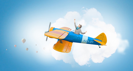 Woman in drawn airplane . Mixed media