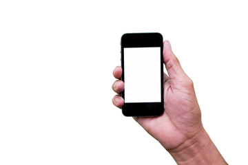 Man hand holding and using mobile,cell phone,smart phone with isolated screen on white background.