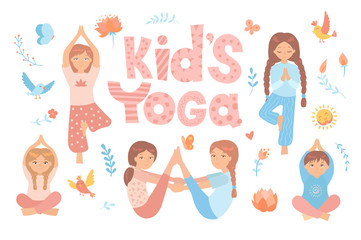 Cute kids doing yoga exercises. Yoga kids set. Gymnastics for children and healthy lifestyle. Vector illustration.