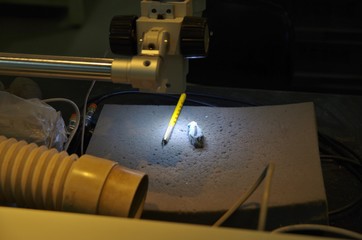 ラボで化石の切削作業をする研究者