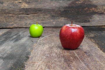 Red Apple Close up, on wooden background and copy space.