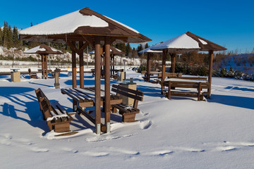 Place of recreation on the motorway covered with snow